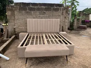 Queen Beige Channel-Tufted Bed Frame With Side Drawers and Bench
