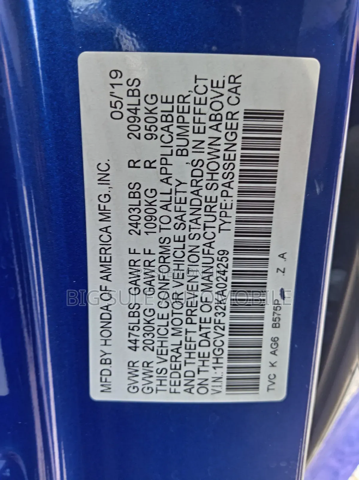 Honda Accord Sport (2.0L 4cyl Turbo 6M) 2019 Blue