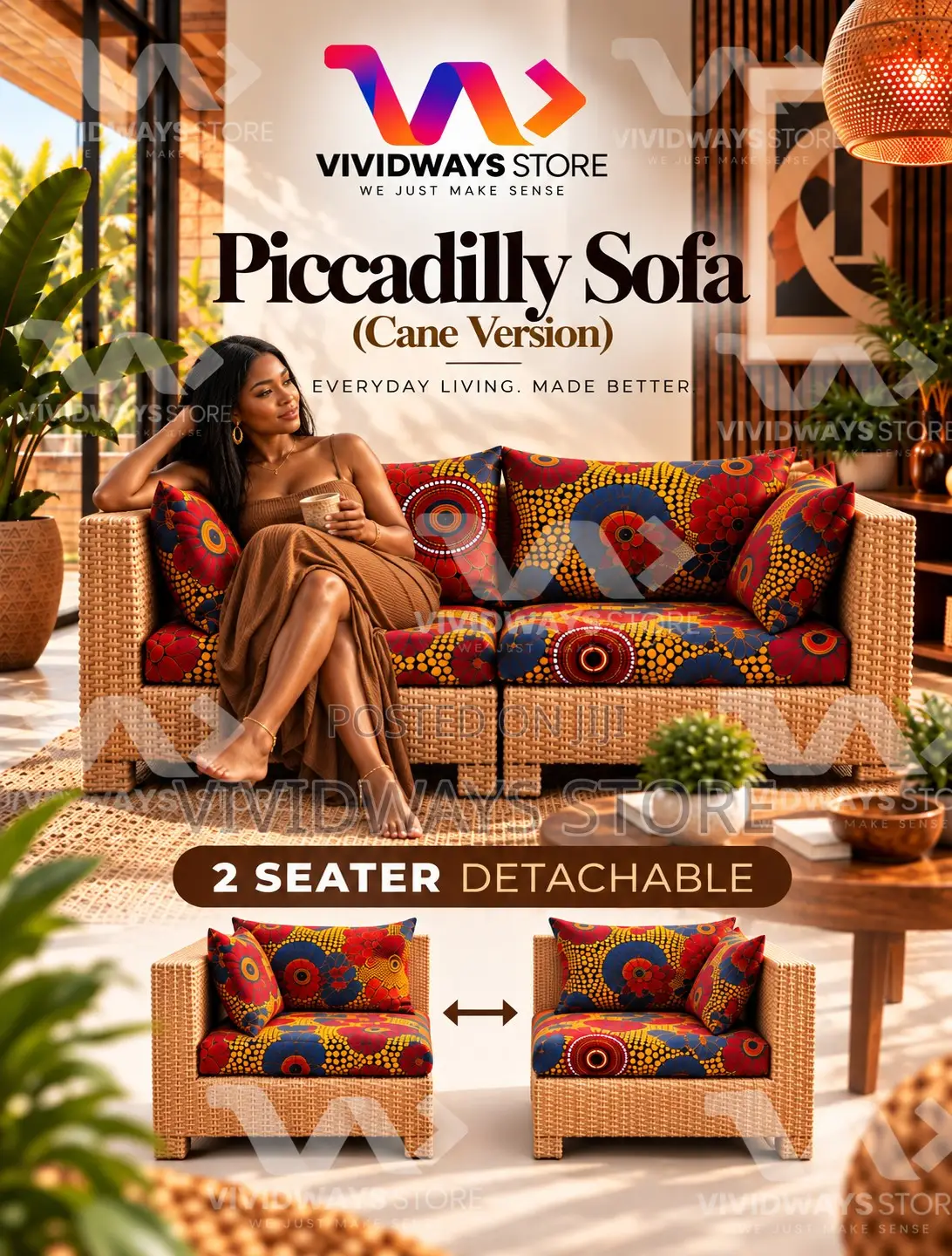 2-Seater Cane Sofa With Detachable Design | Vividways
