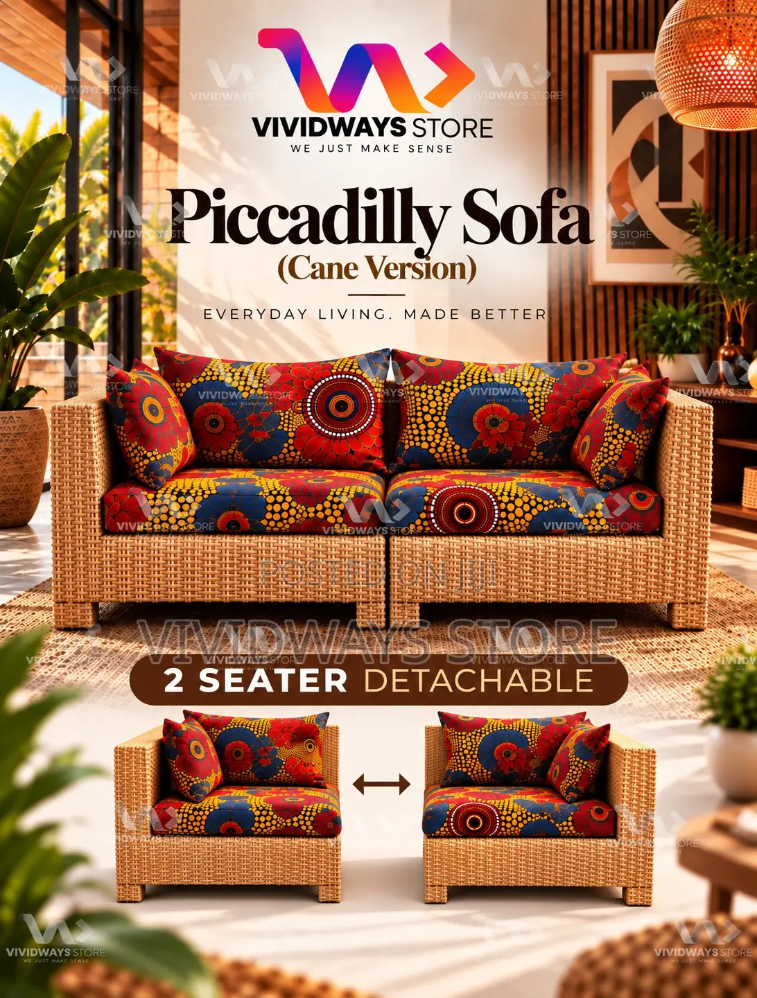 2-Seater Cane Sofa With Detachable Design | Vividways