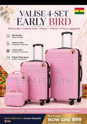 Early Bird 4-in-1 Pink Luggage Set - 4 Wheels + Code Lock - 4 Pieces
