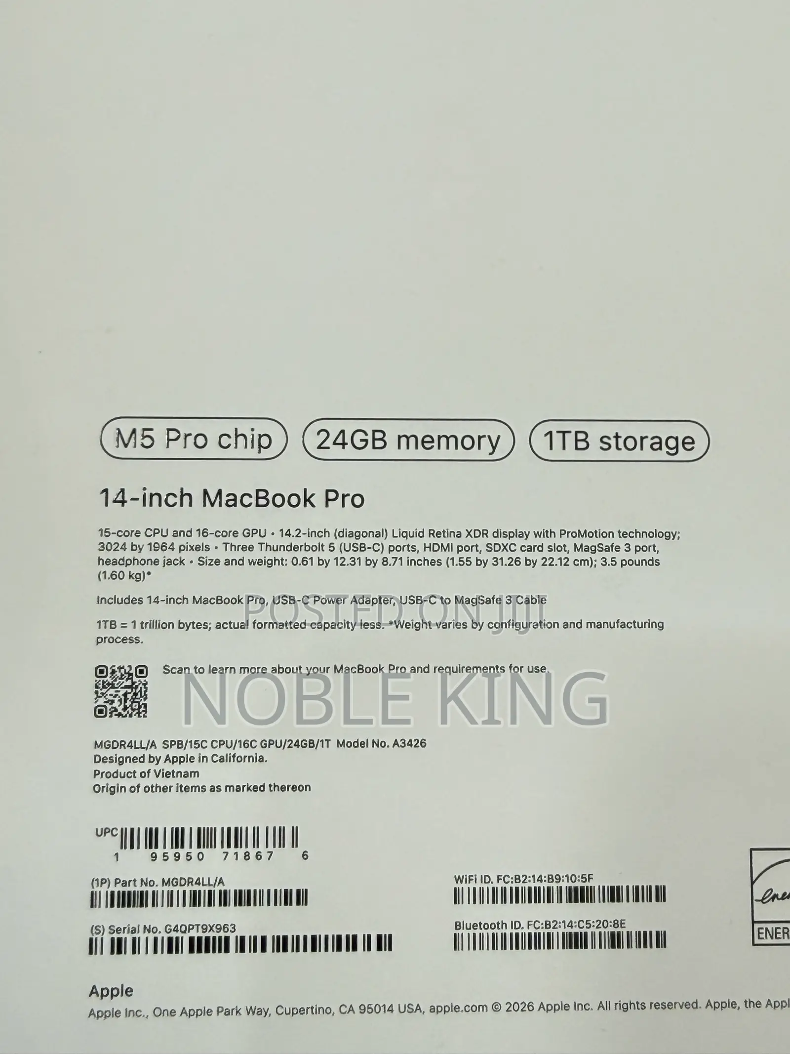 New Laptop Apple MacBook Pro 2025 M5 24GB Apple M5 Pro SSD 1T