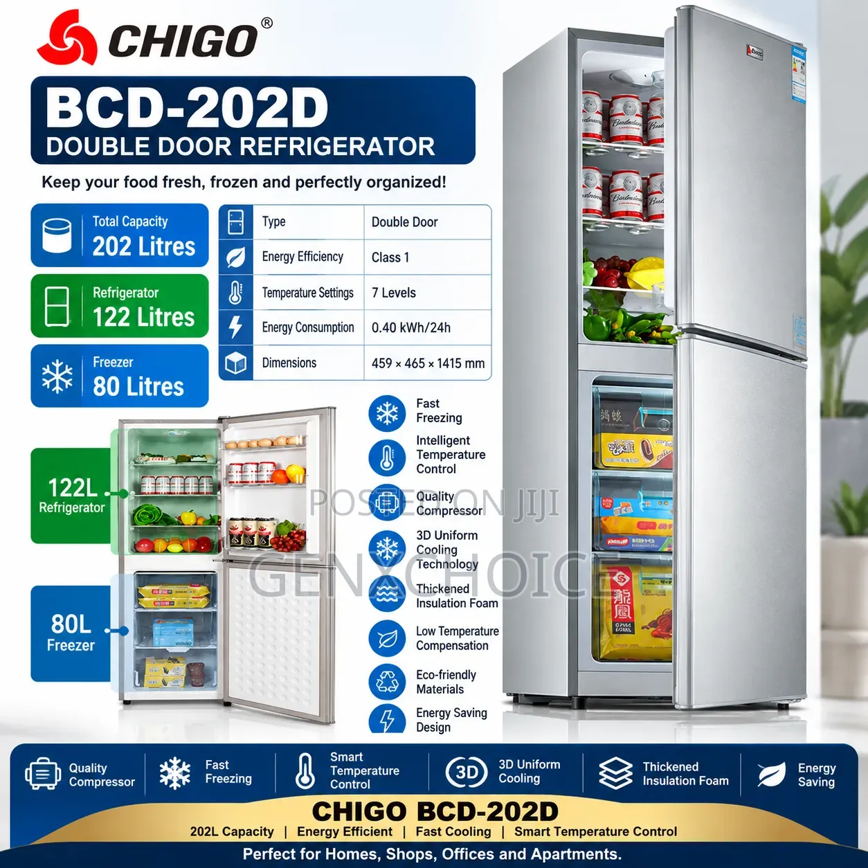CHIGO BCD-202D Double Door Refrigerator – 202L