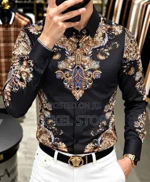 Luxury Men’s Designer Shirt – Black, Gold & White Baroque Print