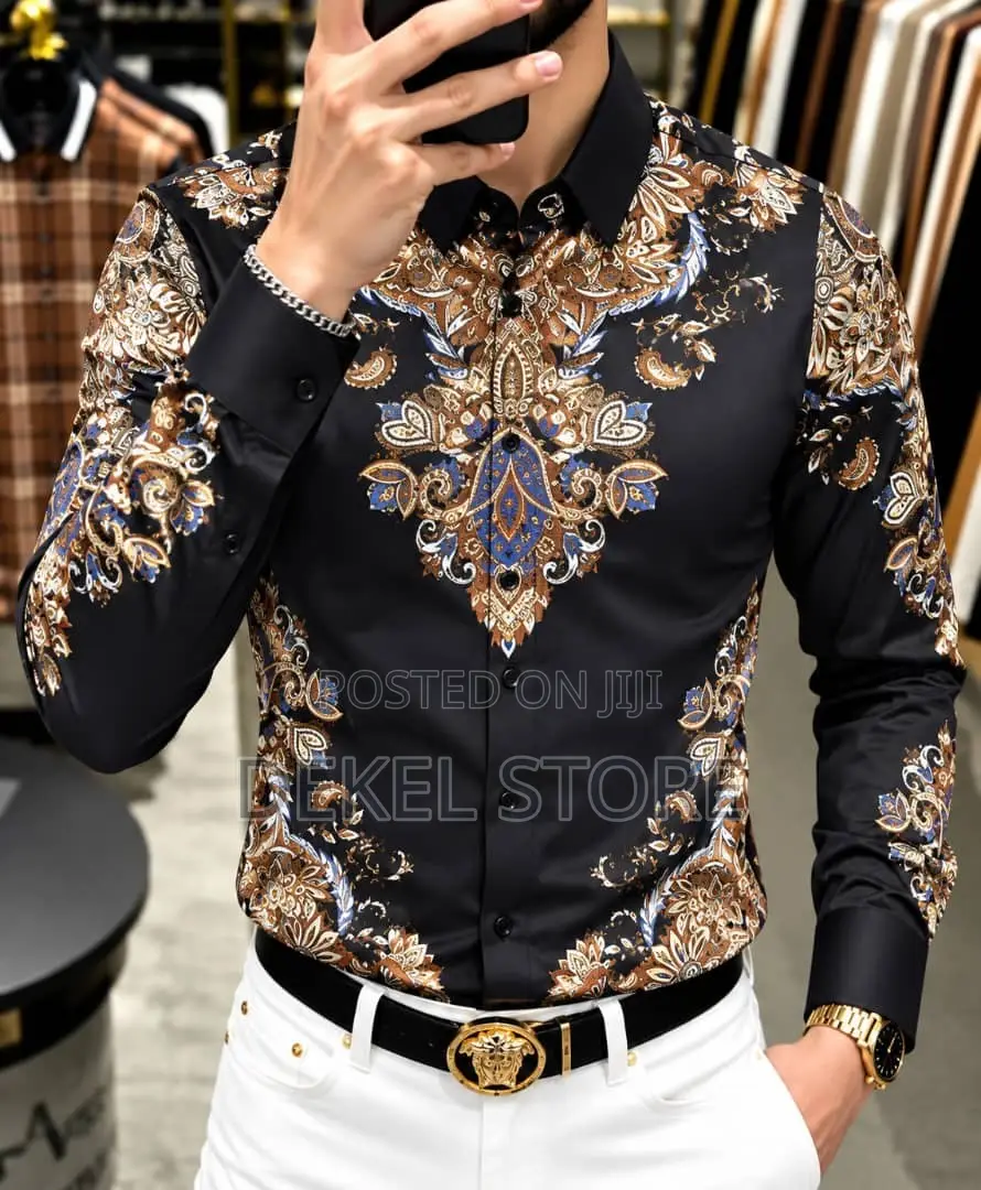 Luxury Men’s Designer Shirt – Black, Gold & White Baroque Print