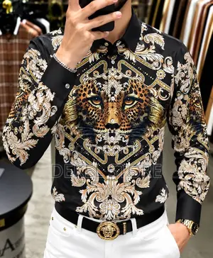Luxury Men’s Designer Shirt – Black, Gold & White Baroque Print