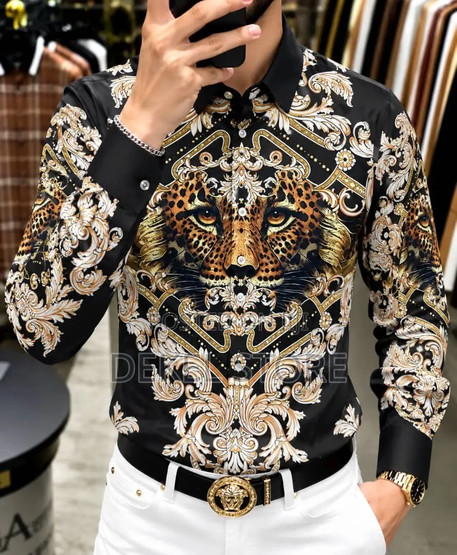 Luxury Men’s Designer Shirt – Black, Gold & White Baroque Print