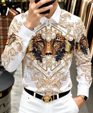Luxury Men’s Designer Shirt – Black, Gold & White Baroque Print