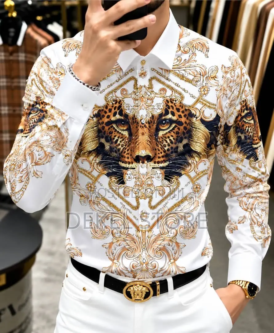 Luxury Men’s Designer Shirt – Black, Gold & White Baroque Print