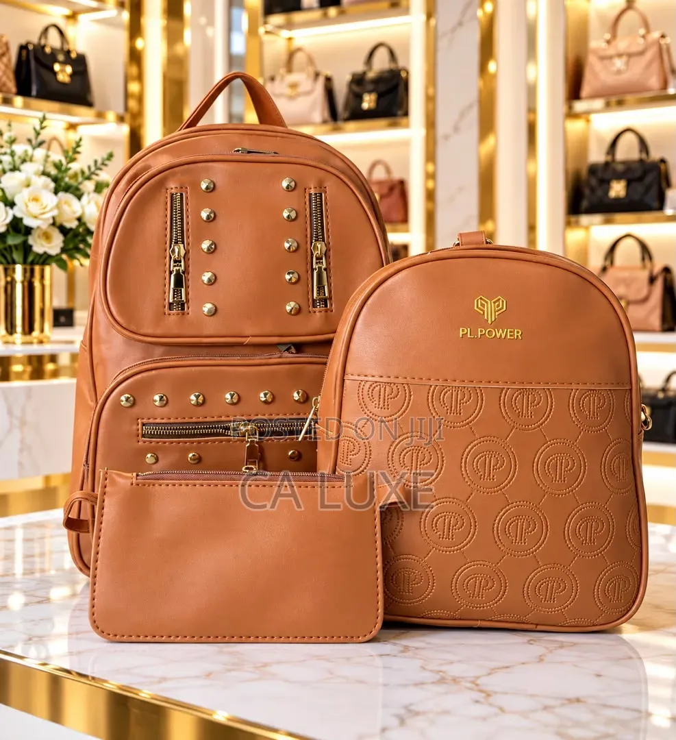 Quality 3in1 Multi-Piece Women's Backpack Set With Gold-Toned Stud