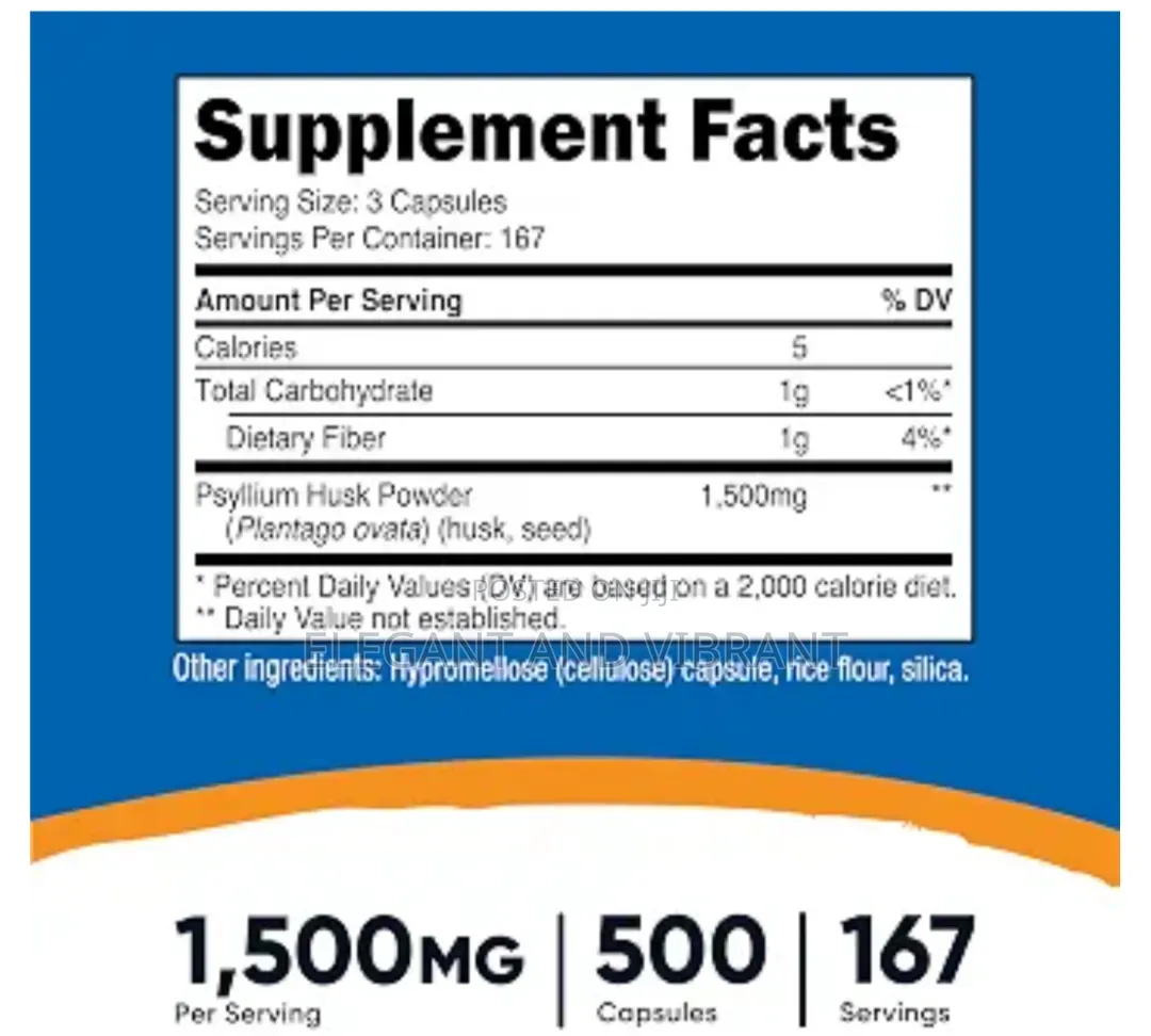 Psyllium Husk 1500mg, 500 Capsules, Gluten Free, GMO-Free