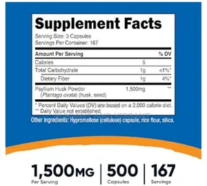 Psyllium Husk 1500mg, 500 Capsules, Gluten Free, GMO-Free