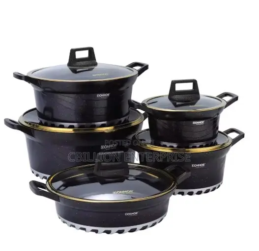 Brown/Red 5set Cast Aluminum Alloy Non-Stick Cookware Glass Lid