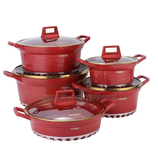 Brown/Red 5set Cast Aluminum Alloy Non-Stick Cookware Glass Lid