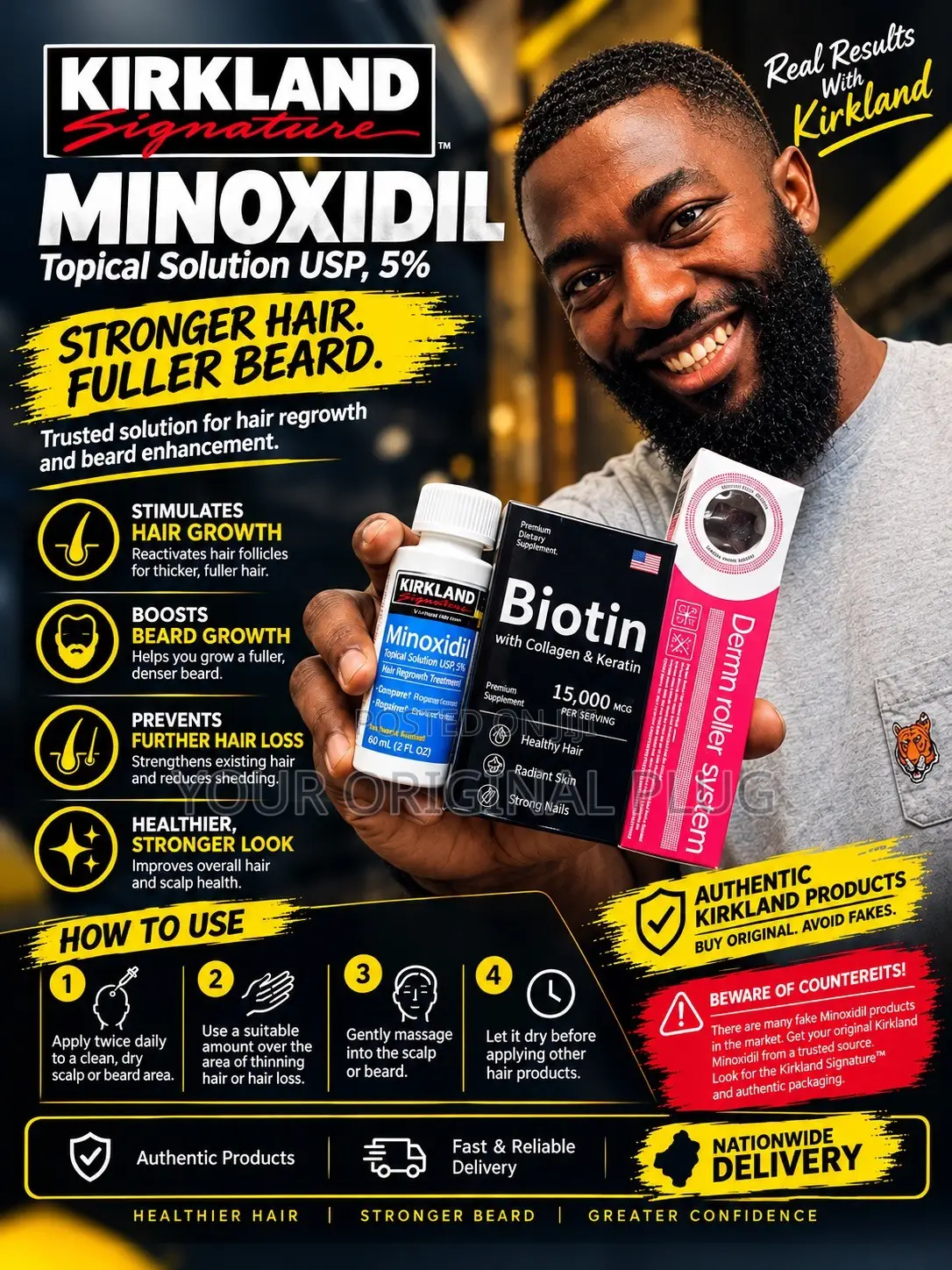 Kirkland Minoxidil 5% + Derma Roller + Biotin. (Collagen & Keratin)