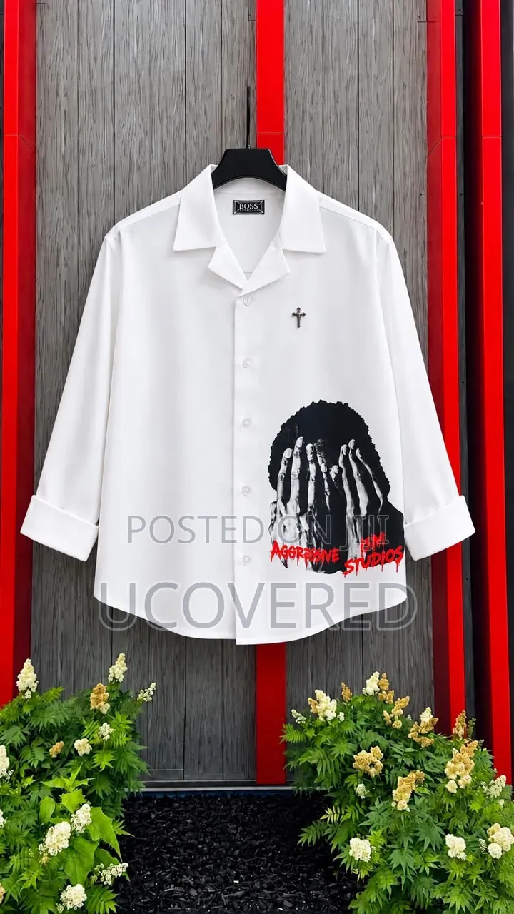 White Long-Sleeve Camp-Collar Shirt