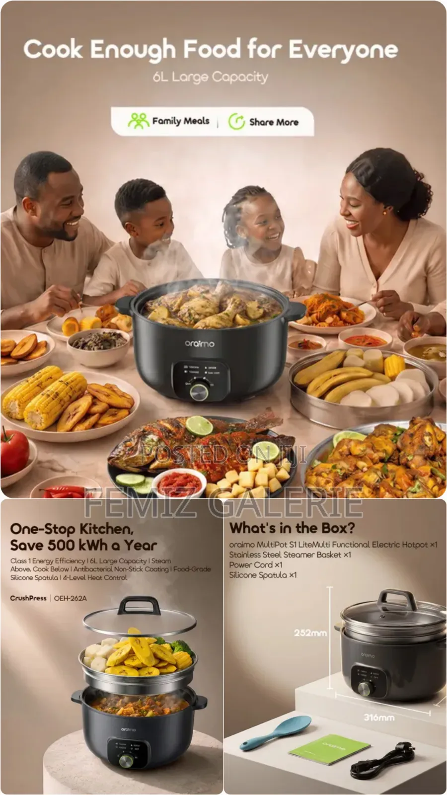 Oraimo MultiPot S1 Lite 6L Electric Cooking Pot With Steamer