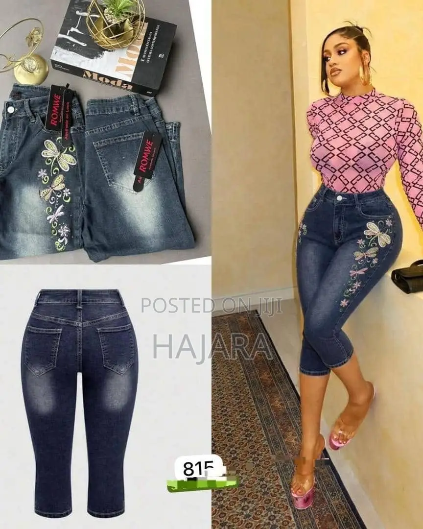 Women’s Floral Dragonfly Embroidered High-Waist Denim Capri Pants