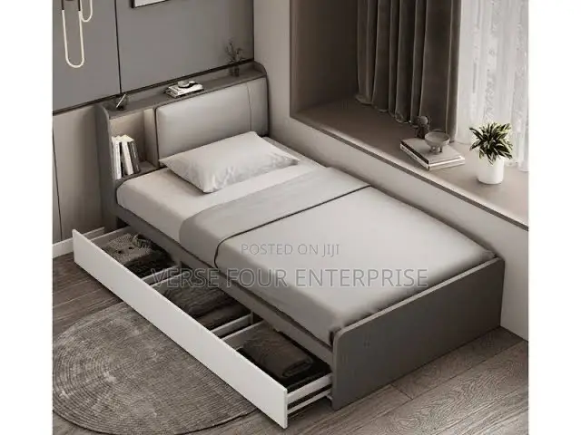Single Storage Bed With Padded Headboard and Pull-Out Drawer