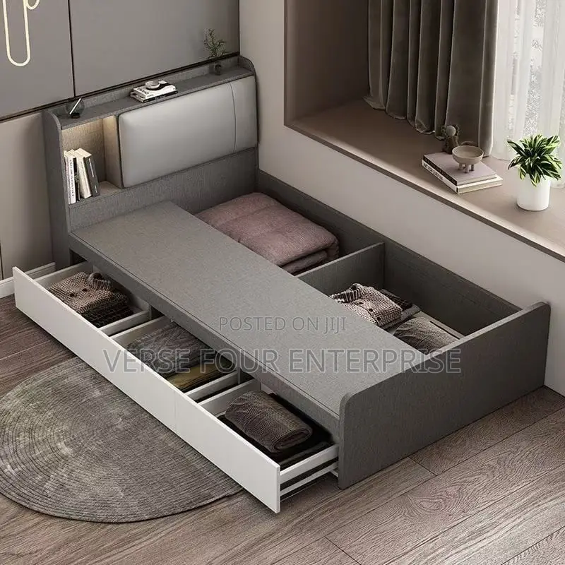 Single Storage Bed With Padded Headboard and Pull-Out Drawer