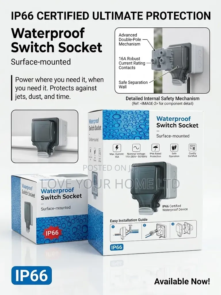 Waterproof Switch Socket IP66 Weatherproof Outdoor Power Outlet (16A)