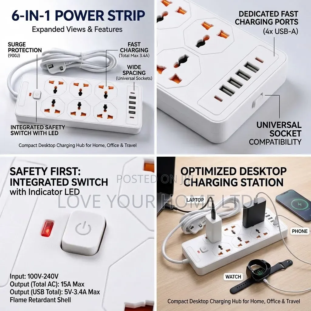 Compact Extension Board With 6 Universal Sockets&4 HighSpeed USB Ports