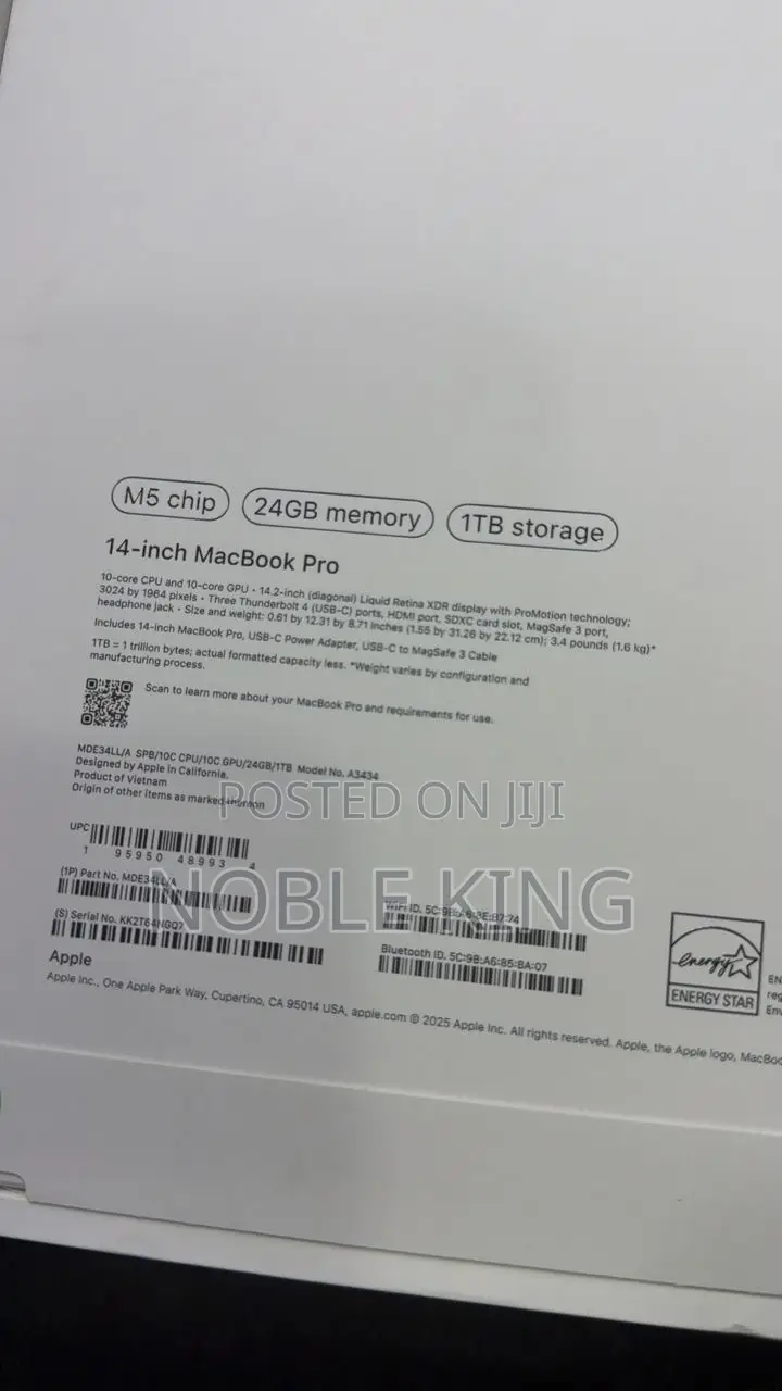 New Laptop Apple MacBook Pro 2025 M5 24GB Apple M5 SSD 1T