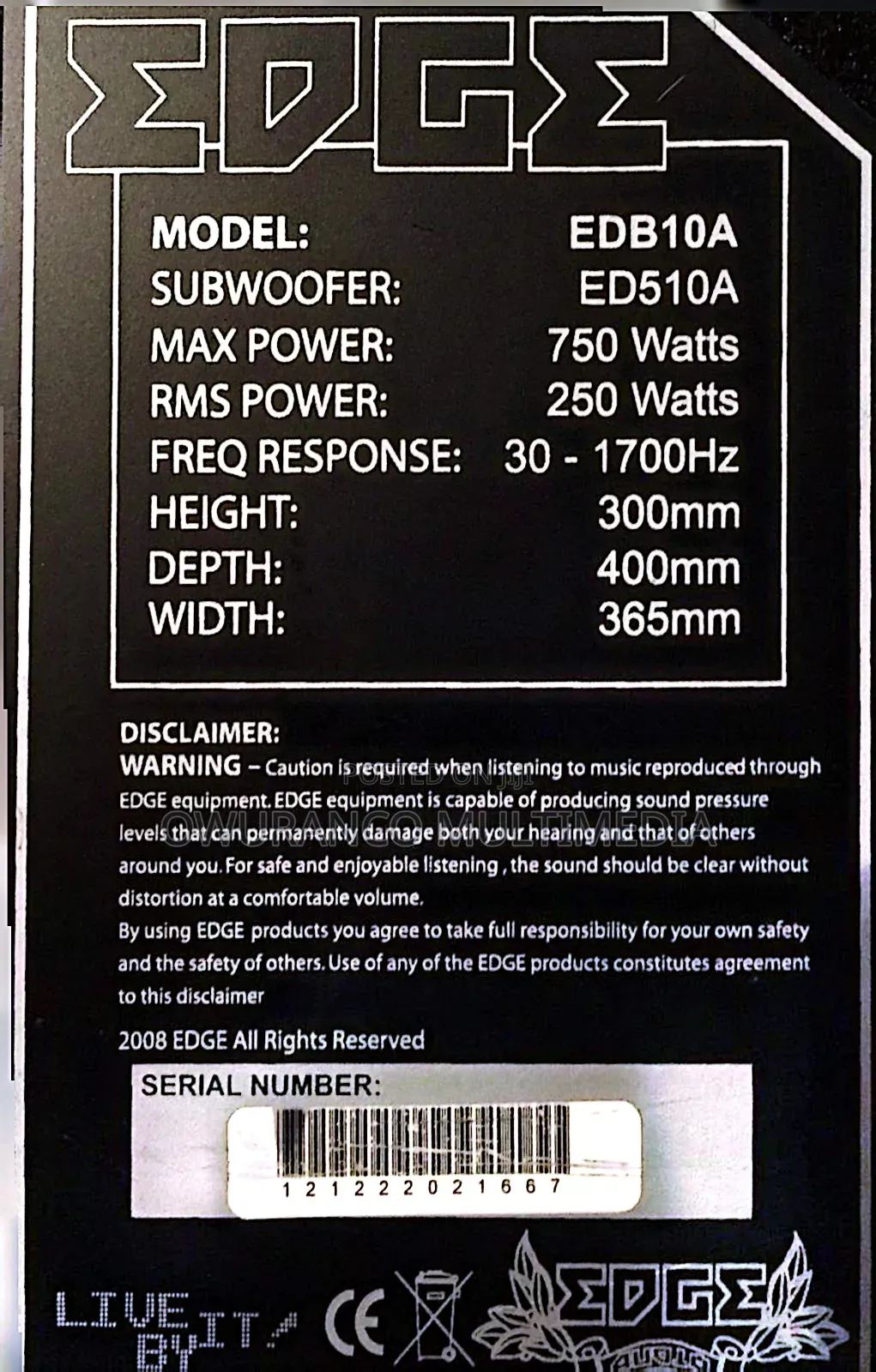 EDGE EDB12A-E2 12" Active Subwoofer - 900W MAX /With Built-in Amp -