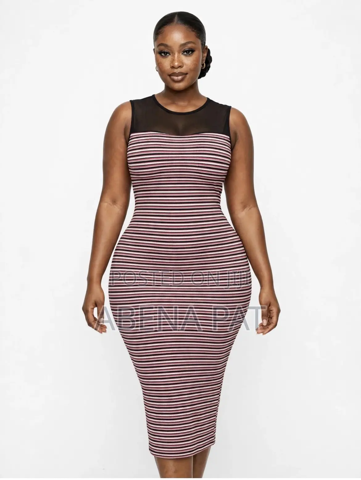 Pink & Black Striped Bodycon Dress - Sleeveless Mesh Detail