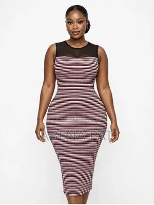 Pink & Black Striped Bodycon Dress - Sleeveless Mesh Detail