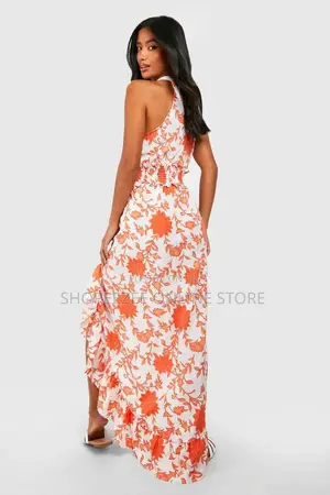 Petite Floral Ruffle Hem Shirred Waist Maxi