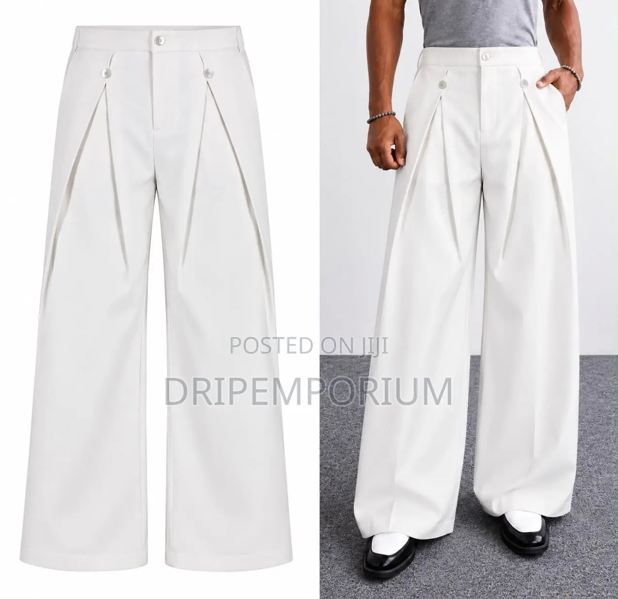 High Waist - Pleated - Wide Leg - Double Button