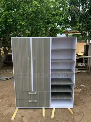 Modern Gray Wood-Grain Wardrobe With Open Shelving Spacious & Storage