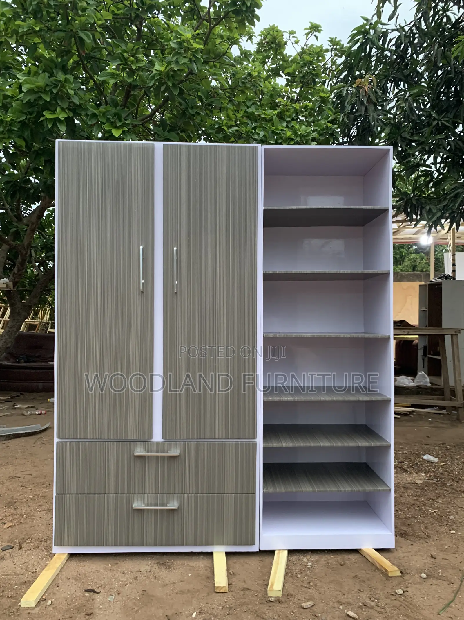 Modern Gray Wood-Grain Wardrobe With Open Shelving Spacious & Storage