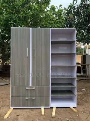 Modern Gray Wood-Grain Wardrobe With Open Shelving Spacious & Storage