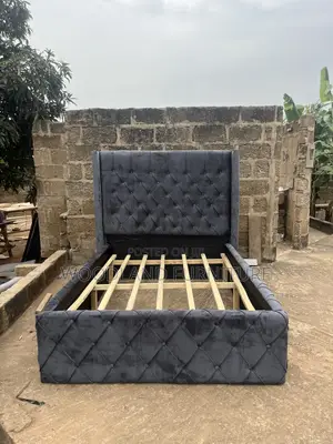 Luxurious Dark Gray Diamond Tufted Velvet Bed Frame by Woodland .