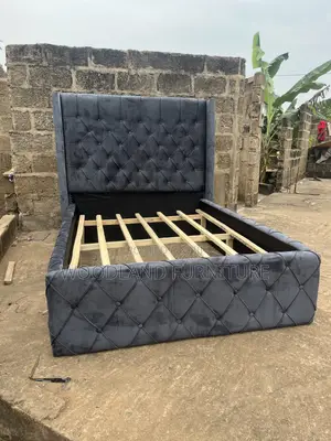 Luxurious Dark Gray Diamond Tufted Velvet Bed Frame by Woodland .