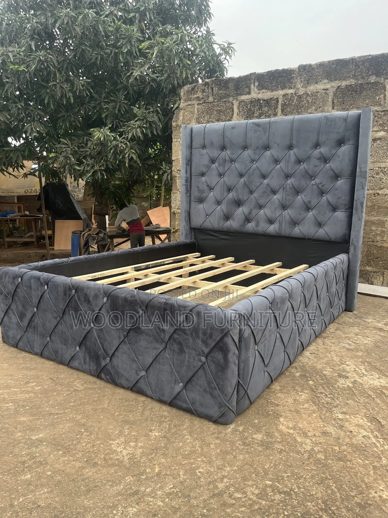 Luxurious Dark Gray Diamond Tufted Velvet Bed Frame by Woodland .