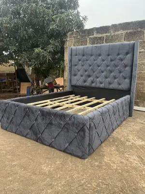 Luxurious Dark Gray Diamond Tufted Velvet Bed Frame by Woodland .
