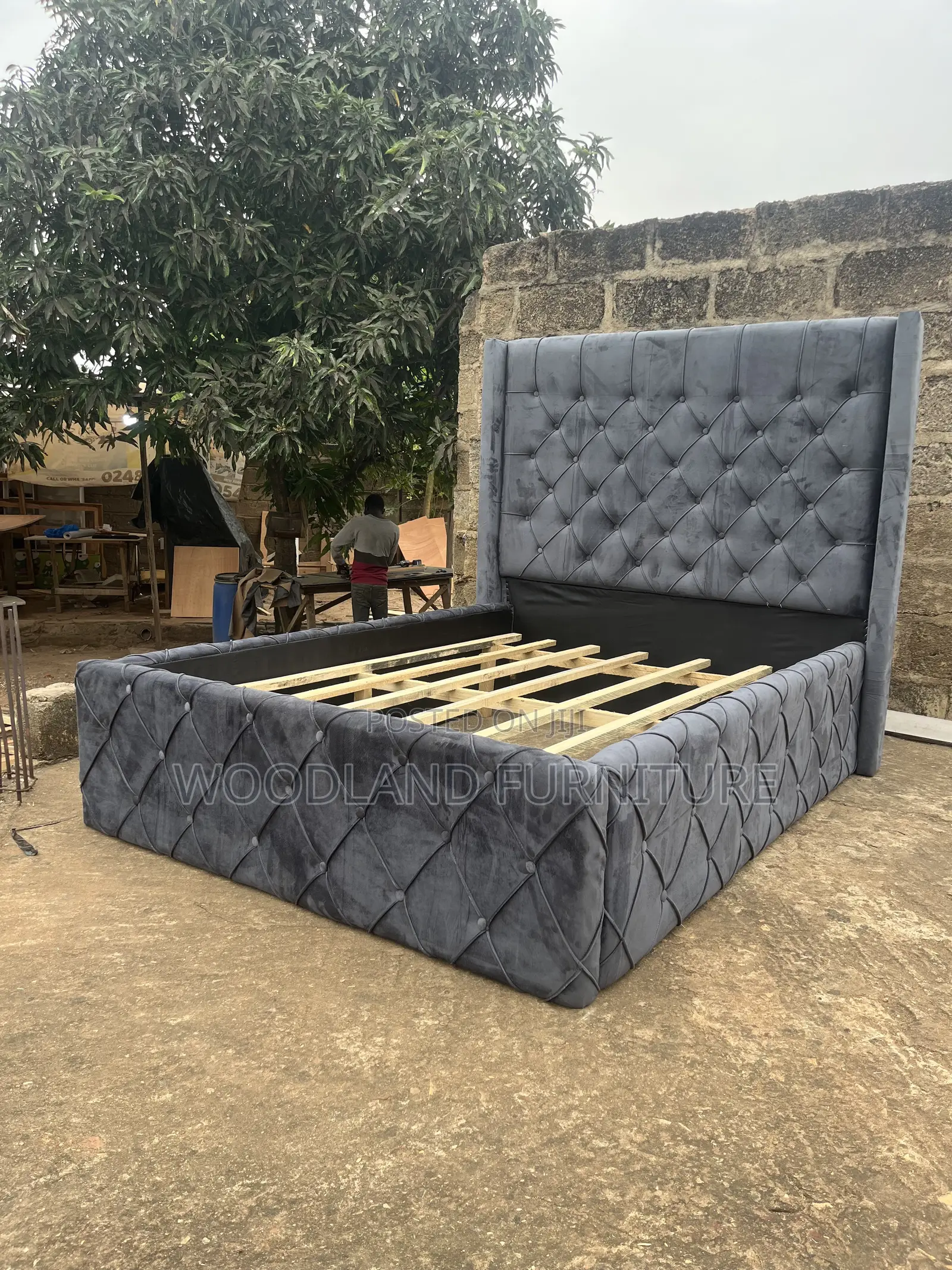 Luxurious Dark Gray Diamond Tufted Velvet Bed Frame by Woodland .
