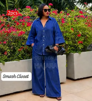 Trendy Denim 2-Piece Set | Button-Down Top & High-Waist Wide Pants