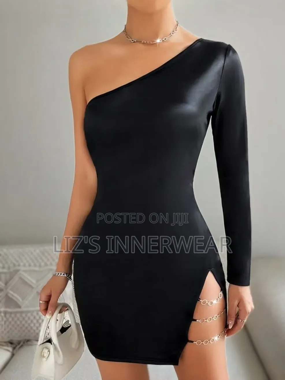Zolique One Shoulder Chain Detail Split Hem Satin Bodvcon Dress