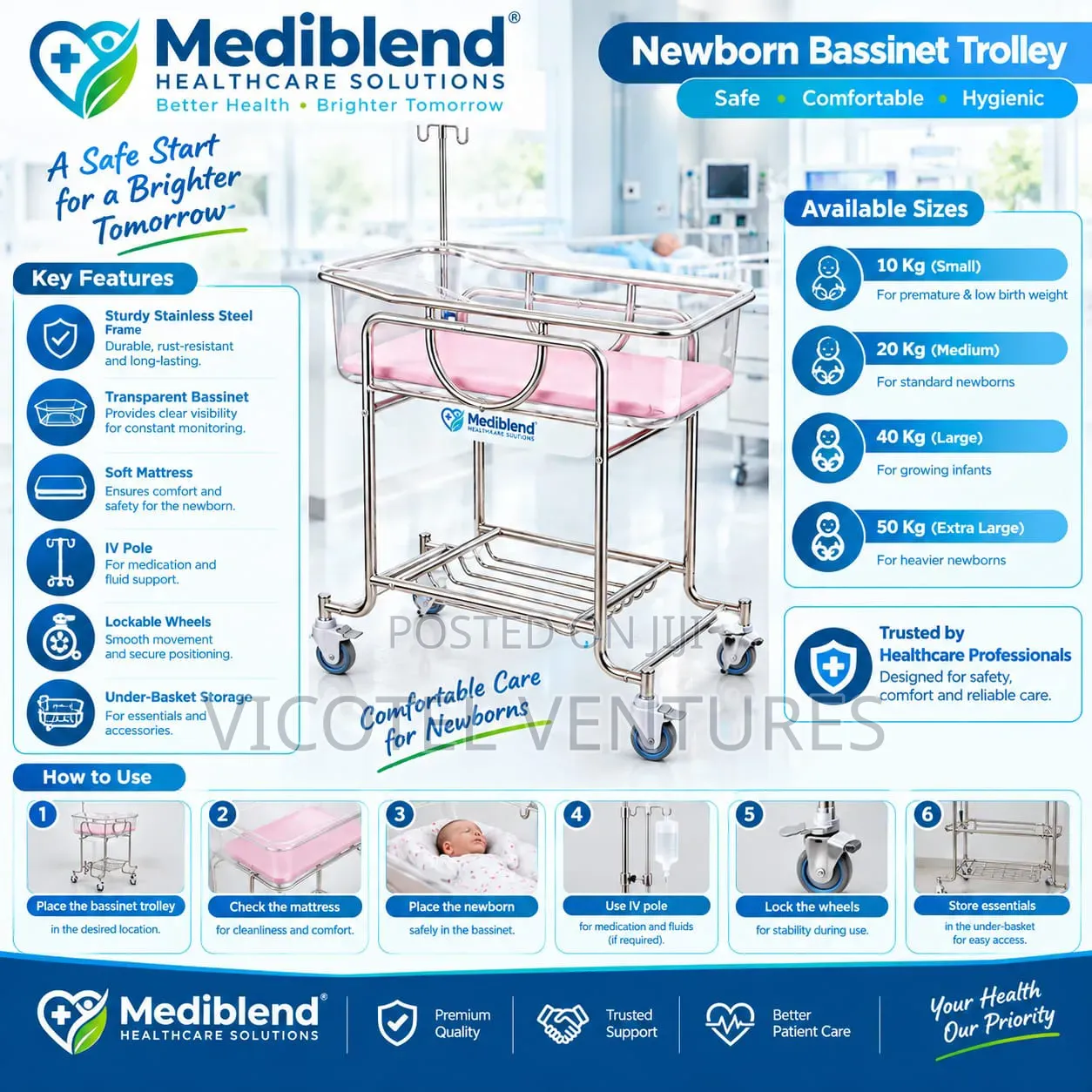 Bassinet Trolley (Baby Cot) With Drip Stand