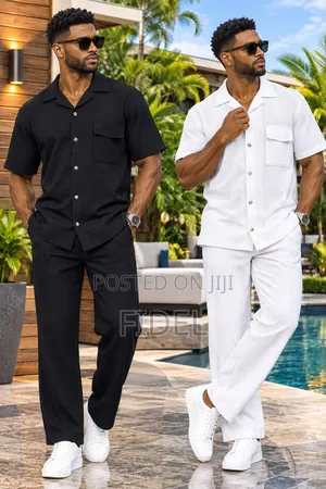 Men's Stylish Striped Two-Piece Set – Short Sleeve Shirt & Trousers