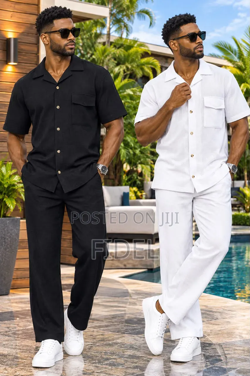 Men's Stylish Striped Two-Piece Set – Short Sleeve Shirt & Trousers