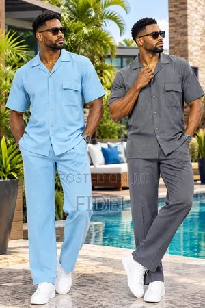 Men's Stylish Striped Two-Piece Set – Short Sleeve Shirt & Trousers