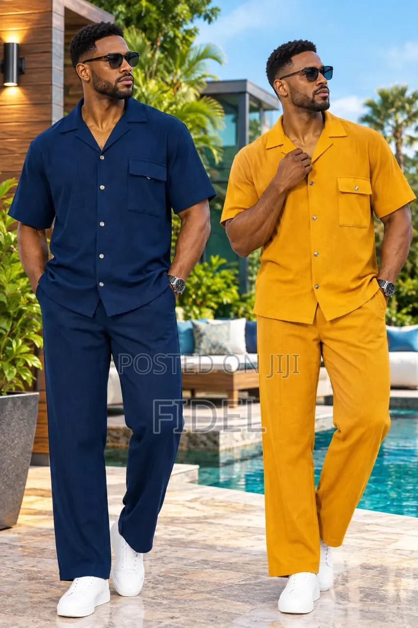 Men's Stylish Striped Two-Piece Set – Short Sleeve Shirt & Trousers
