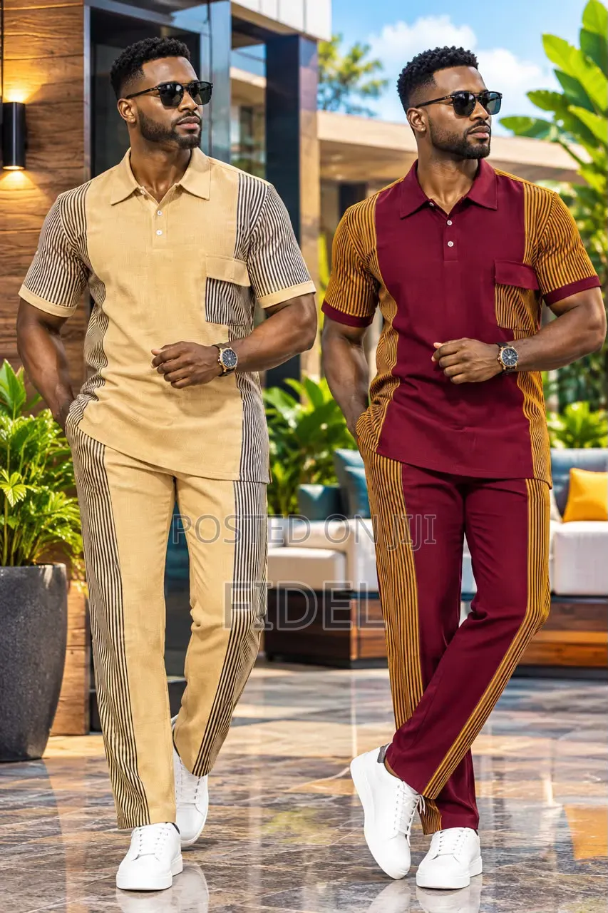 Men's Stylish Striped Two-Piece Set – Short Sleeve Shirt & Trousers