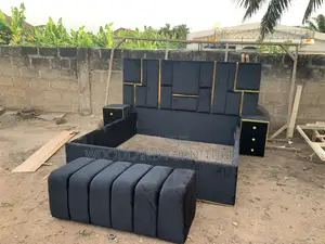 Modern Black & Gold Geometric Bed Frame With Integrated Nightstands