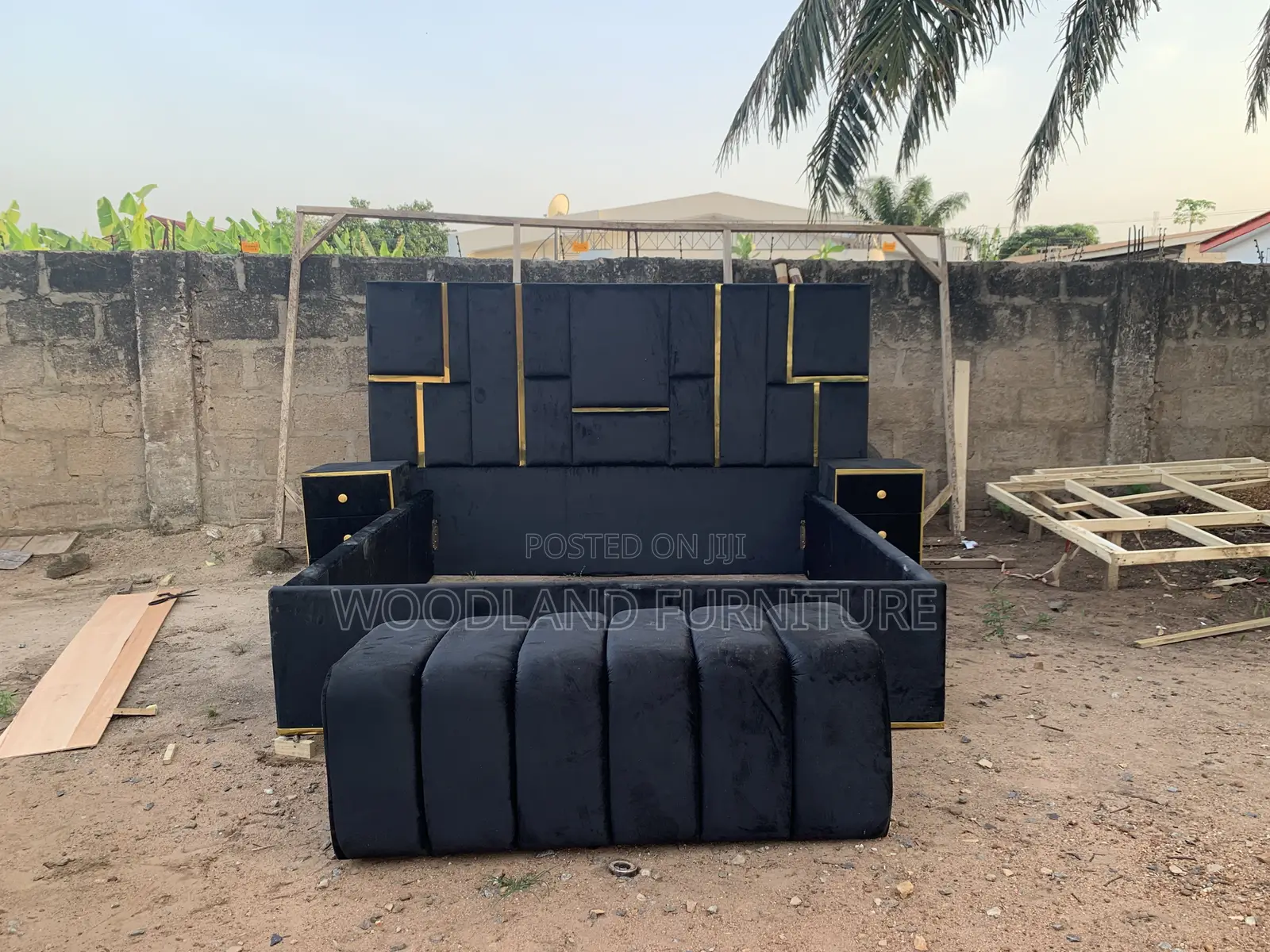 Modern Black & Gold Geometric Bed Frame With Integrated Nightstands